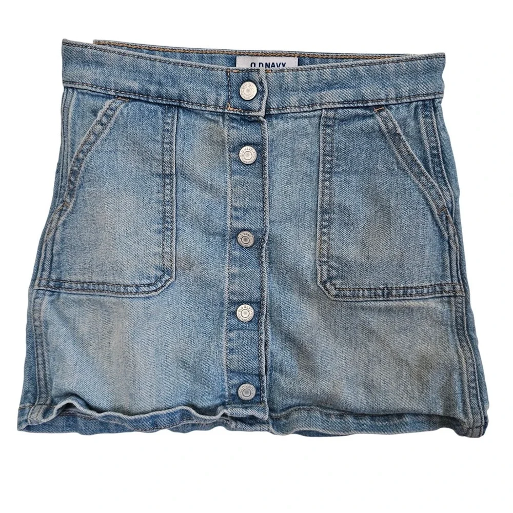 Old Navy Girls Denim Mini Skirt Light Wash Button Front‎ Patch Pockets Size M 8
